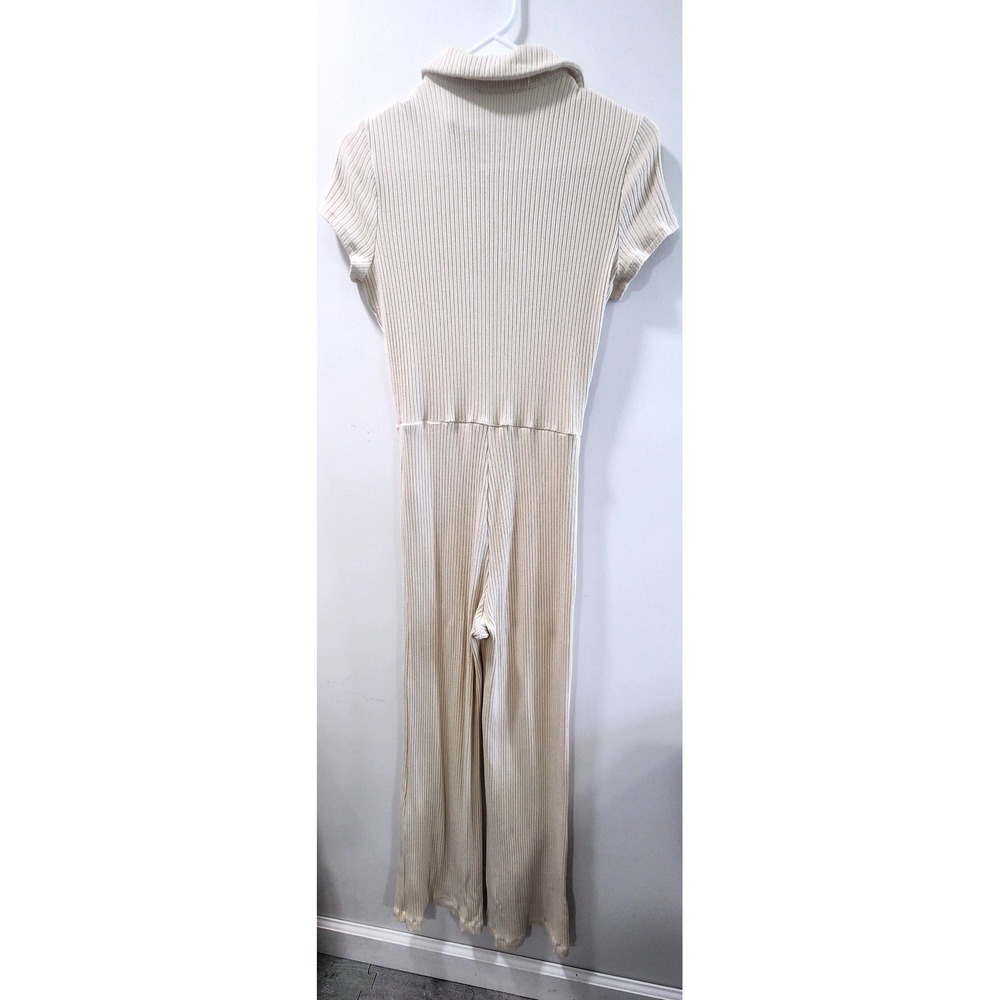 Reformation Ribbed Knit Jumpsuit Cream Beige Short Sleeve Wide Leg Polo Collar - Picture 3 of 11
